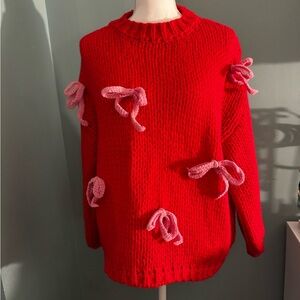 Red Chunky Boutique Sweater with Pink Bow Accents Lumiere Small